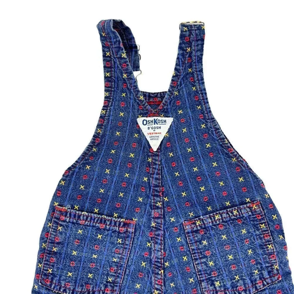Vtg 80s Oshkosh Vestbak 3/6 Months Blue Denim XO Embroidered Cotton Overalls USA